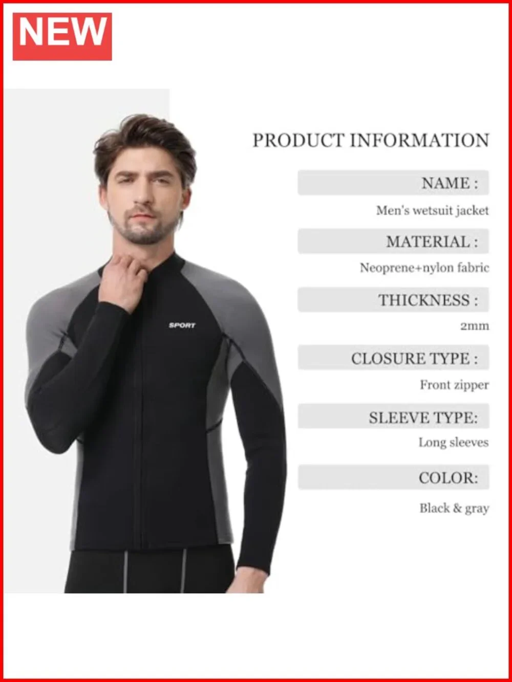 Neoprene Wetsuit Top Long Sleeve Front Zip Swim Surfing Kayak Diving